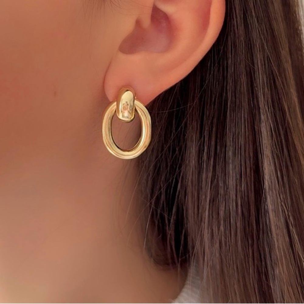 14k Gold Plated Stud Oval Earrings Dainty Waterproof Jewelry